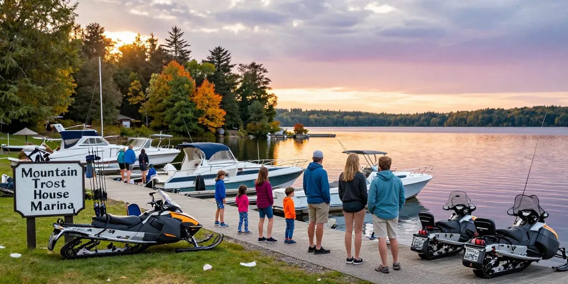 Kawagama lake marina scene with Slack-MacPherson family welcoming visitors and enjoying outdoor activities by the lake.