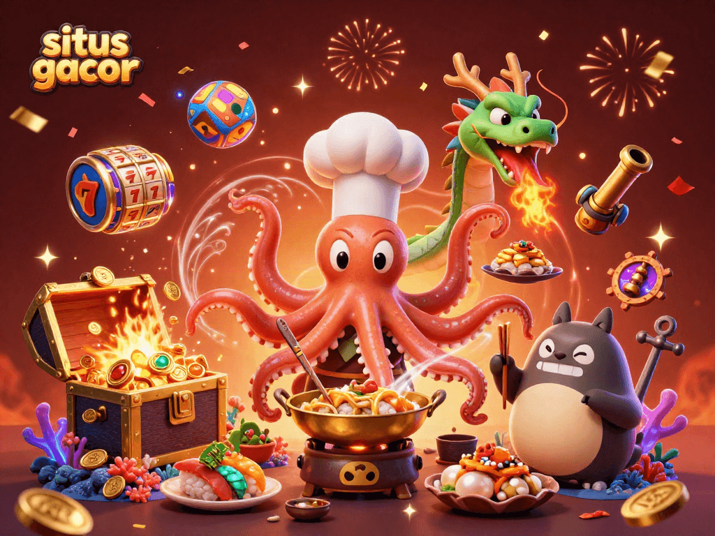 Suit up for situs gacor action with vibrant slot reels and a sushi chef octopus in an underwater casino