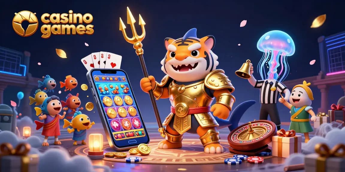 Engage in thrilling casino games illustrated with a fierce shark warrior and vibrant gaming elements.