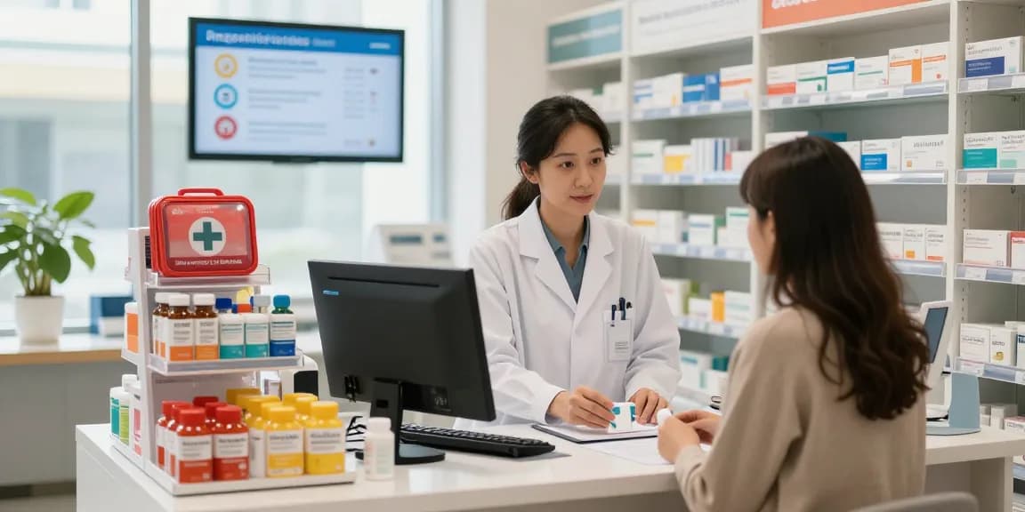 Pharmacist assisting a customer with medicine supplies in a modern pharmacy