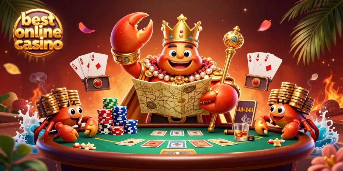 Experience the best online casino action with a vibrant, colorful 3D illustration featuring a crab emperor and poker excitement.