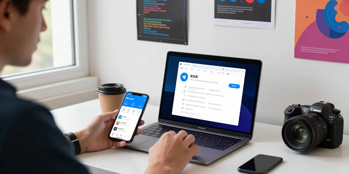 Configuring Telegram Chinese settings in a modern workspace with vibrant tech elements.