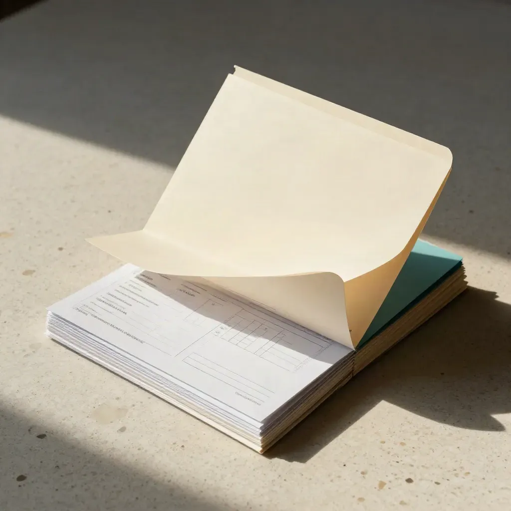 Blank candidate folders and scorecards mid-sort on travertine, with a muted teal accent.