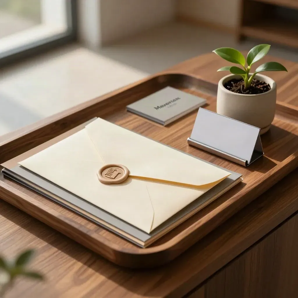 Onboarding tray with welcome envelope, dividers, name holder and plant on a walnut credenza.
