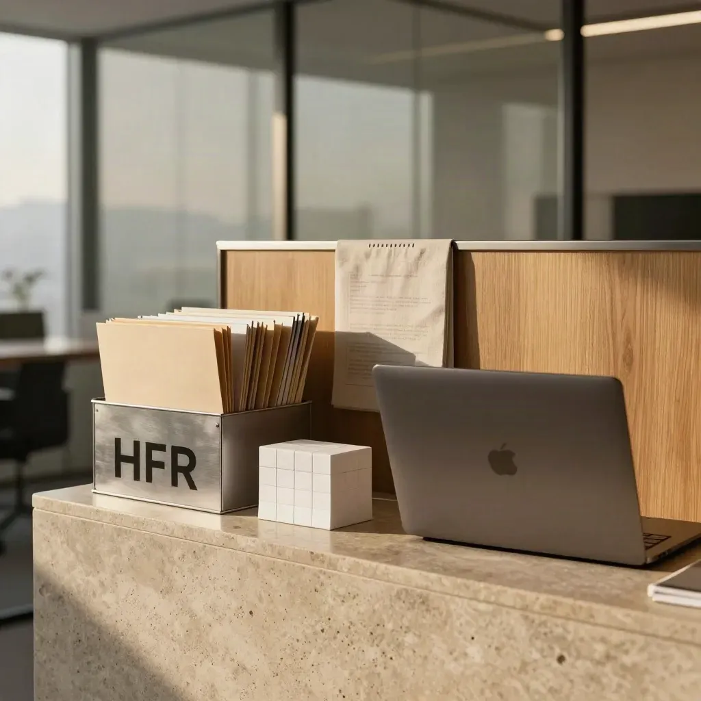 Closed laptop, archived folders, and a calendar cube on a glass-walled HR review station.