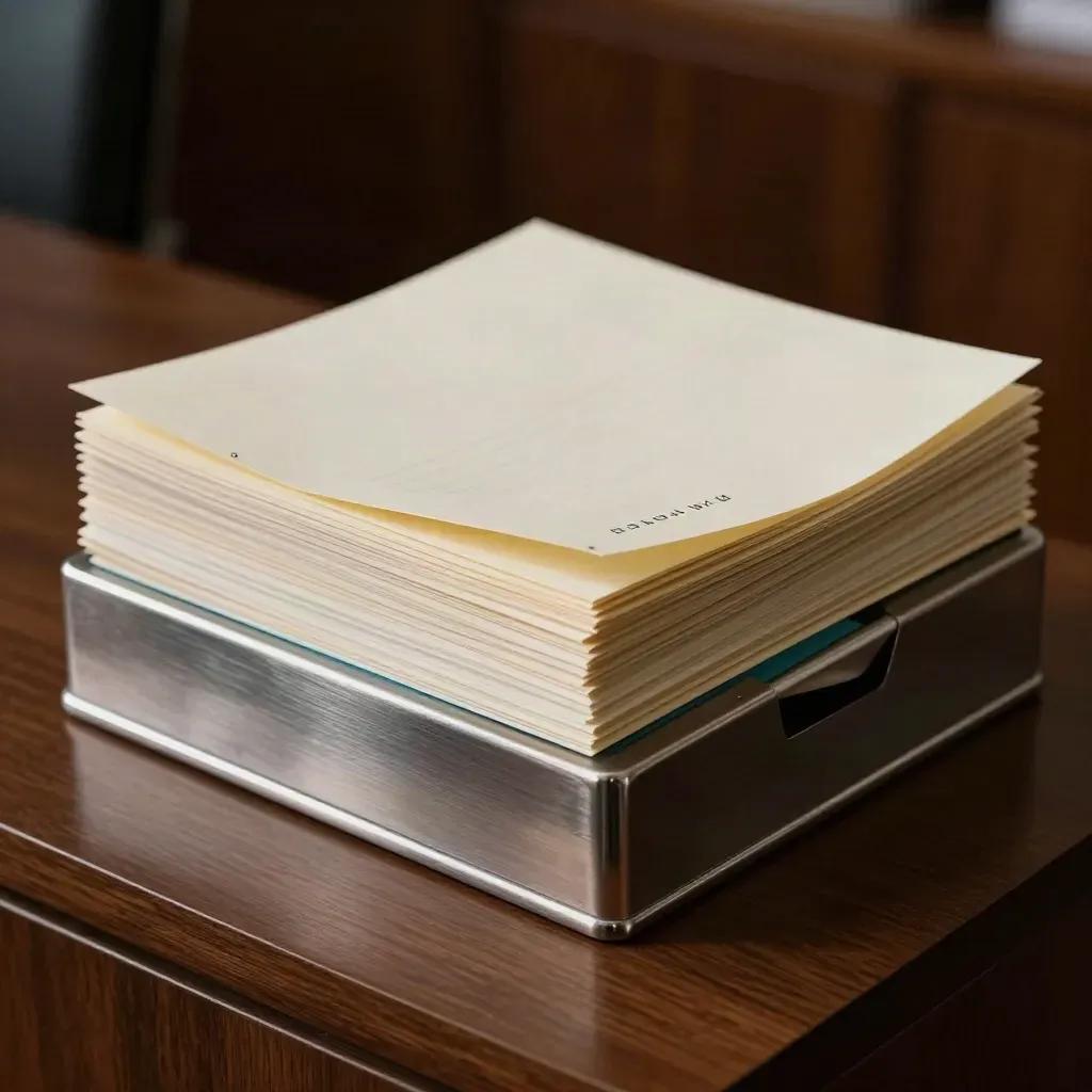 Candidate folders, paperweight, and interview notes on a walnut surface in dramatic HR light.