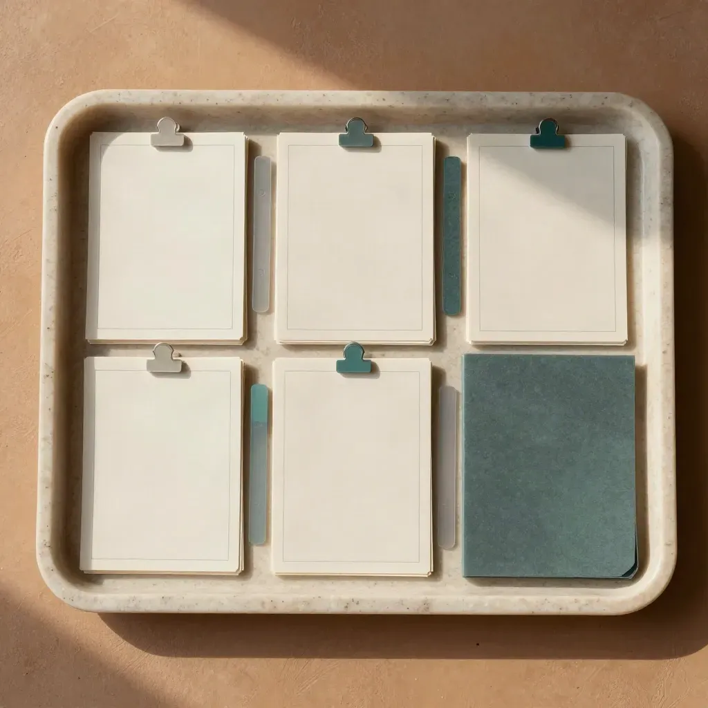 Overhead tray of blank planning cards, divider tabs, and a folded folder kit on stone.