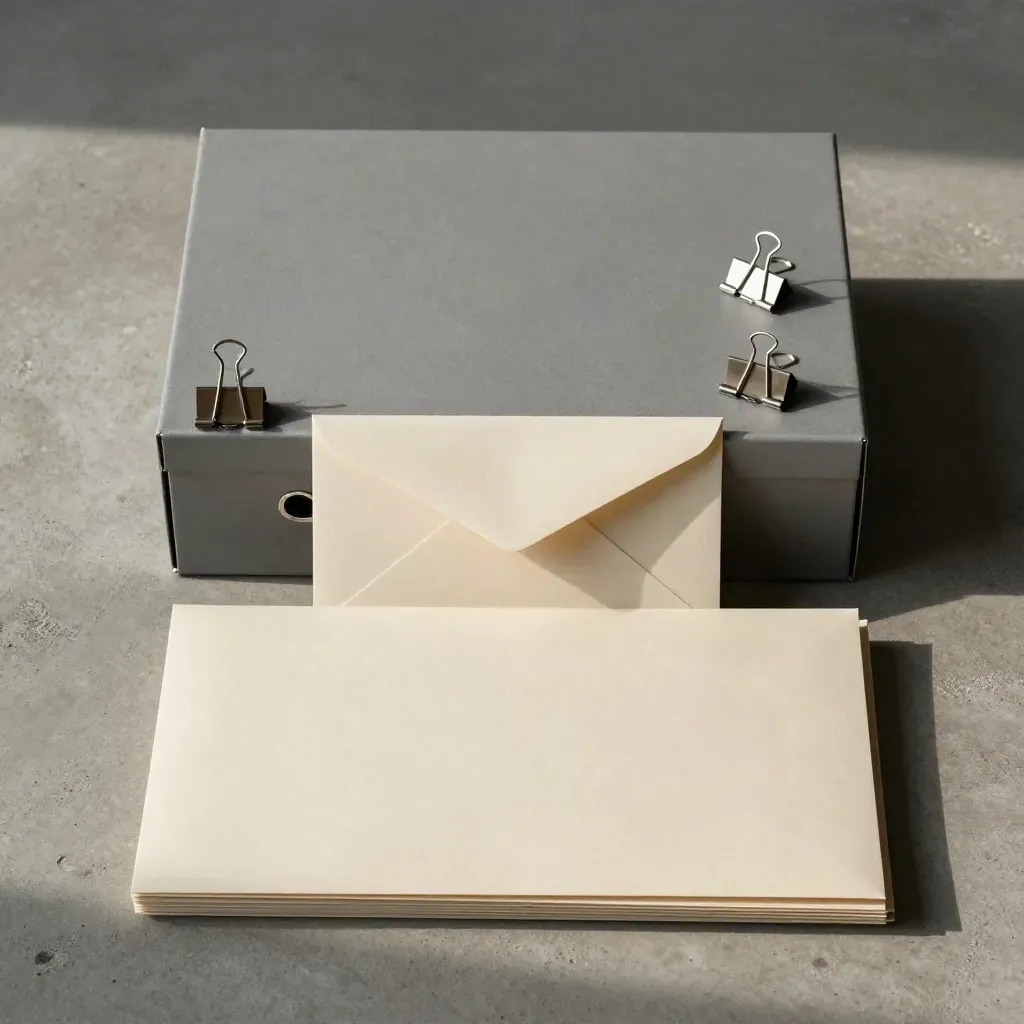 Overhead flatlay of HR rollout tools: file box, binder clips, envelope, folders.