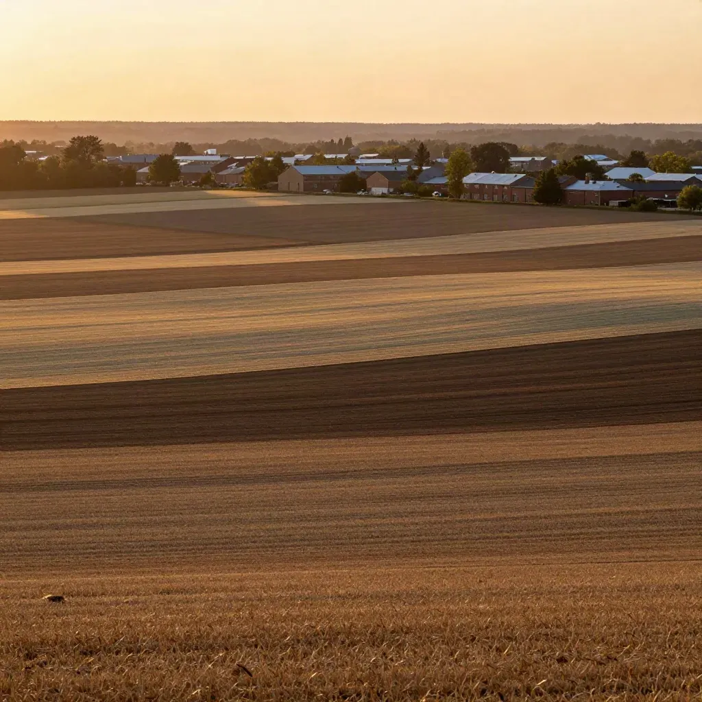Golden hour over Southern Ontario fields with a distant low-rise city edge