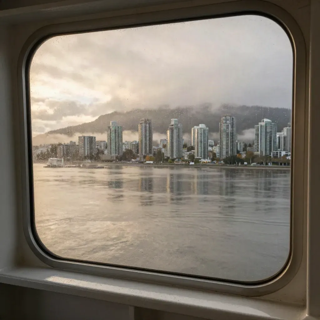 Rain-streaked ferry window on Metro Vancouver with misty mountains and glowing shoreline.